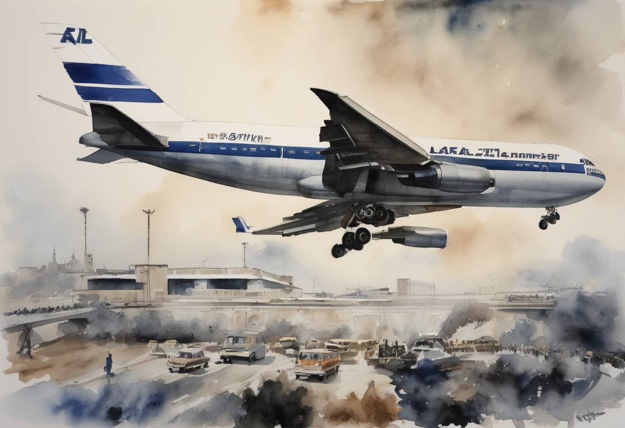 Watercolor painting based depiction of The bombing of the Israeli airline El Al Boeing 707 occurs at Orly Airport, Paris, by the Popular Front for the Liberation of Palestine - External Operations. (1978)