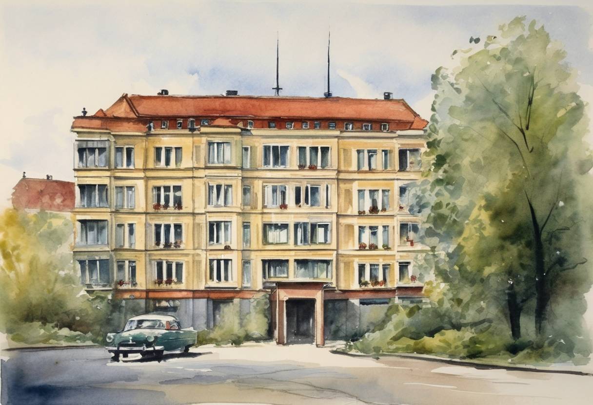 Watercolor painting based depiction of The Stasi, or Ministry for State Security, was established in East Germany to conduct domestic surveillance and espionage. (1950)
