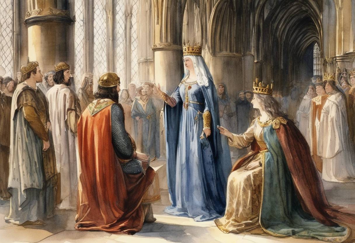Watercolor painting based depiction of Matilda of Flanders, wife of William the Conqueror, is crowned Queen of England at Westminster Abbey. (1068)