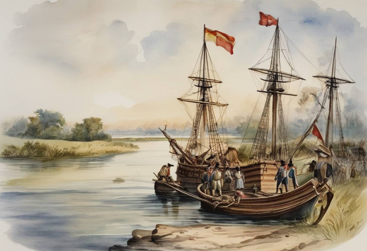 Watercolor painting based depiction of Hernando de Soto, a Spanish explorer and conquistador, reached the Mississippi River, the first documented European to do so. (1540)