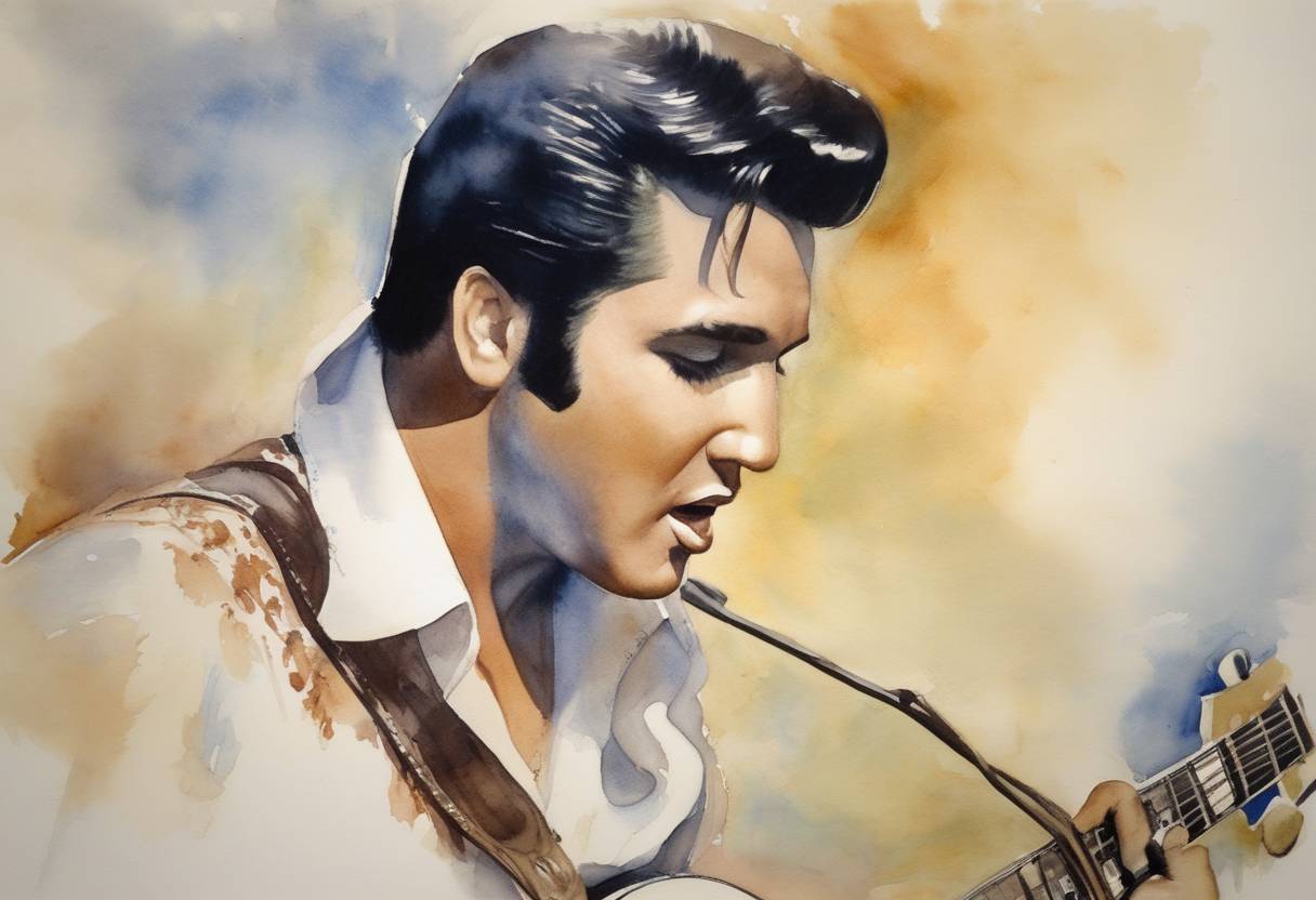 Watercolor painting based depiction of Elvis Presley, the American singer and cultural icon known as the 'King of Rock and Roll', is born. (1935)