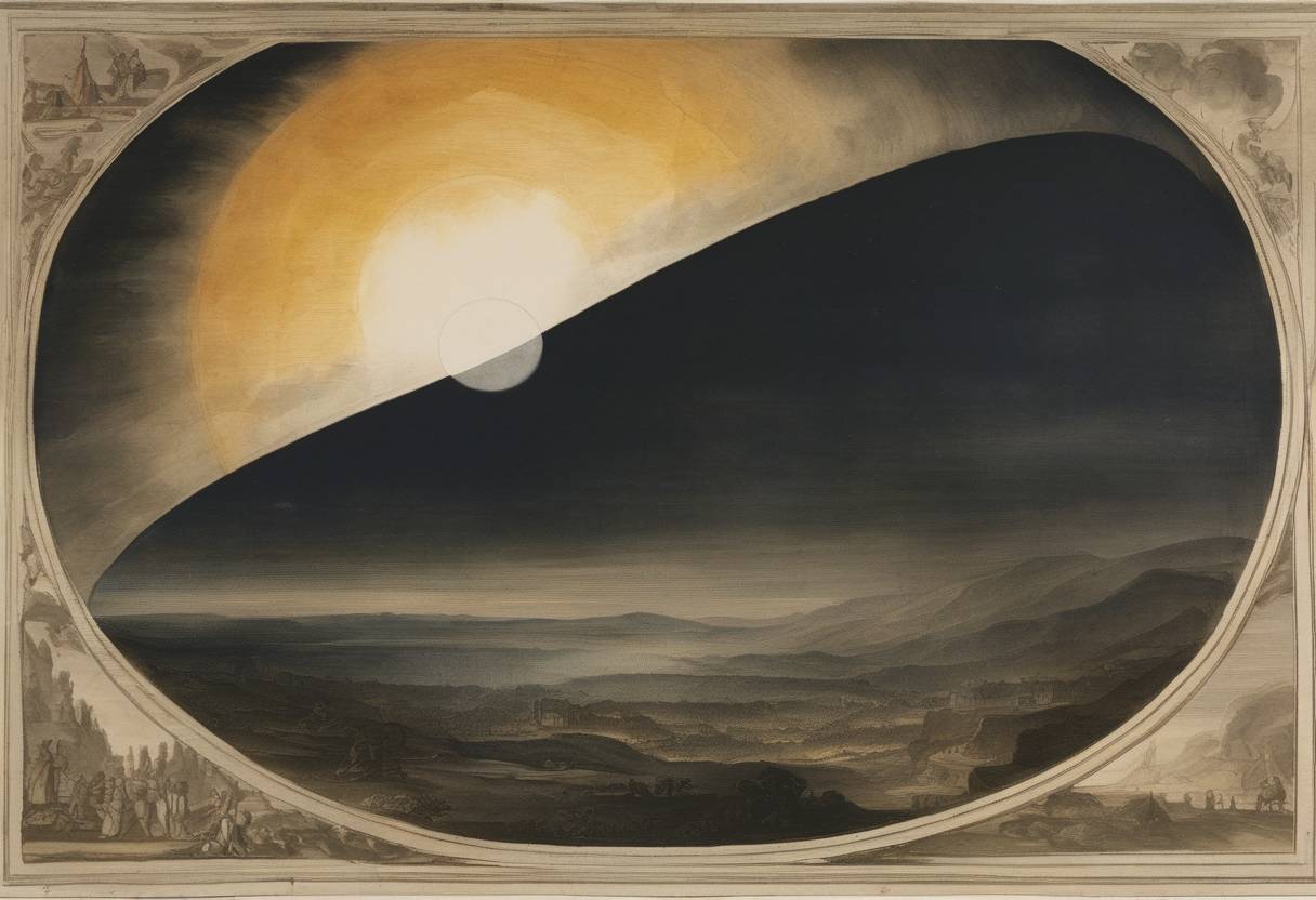 Watercolor painting based depiction of A total solar eclipse occurred, known as the 'Eclipse of Thales.' Although not widely documented in that year, eclipses were points of significant interest providing impetus for scientific inquiry. (1715)