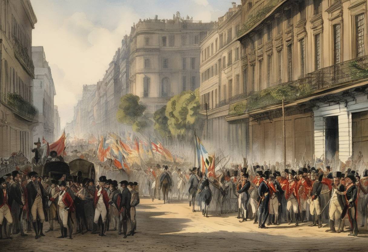 Watercolor painting based depiction of The May Revolution began in Buenos Aires, leading to the independence of Argentina. (1810)