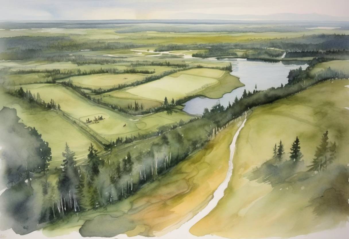 Watercolor painting based depiction of The Oka Crisis, a land dispute between the Mohawk people and the town of Oka, Quebec, over a proposed golf course expansion into a sacred burial ground, escalated into a 78-day standoff following police intervention. (1990)