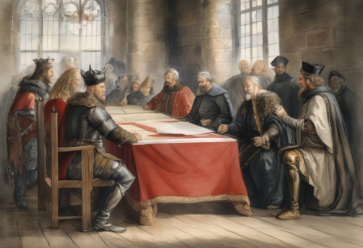 Watercolor painting based depiction of A treaty is signed between Valdemar IV of Denmark and the Hanseatic League, easing trade tensions and establishing cooperative relations. (1363)