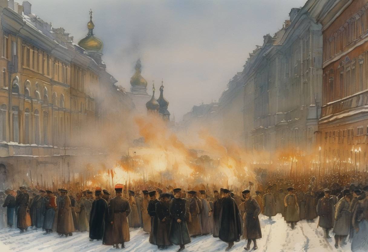 Watercolor painting based depiction of In St. Petersburg, Russia, a peaceful demonstration of workers led by Father Georgy Gapon was fired upon by soldiers of the Imperial Guard as they marched to the Winter Palace to present a petition to Tsar Nicholas II, an event that became known as Bloody Sunday, sparking the Russian Revolution of 1905. (1905)
