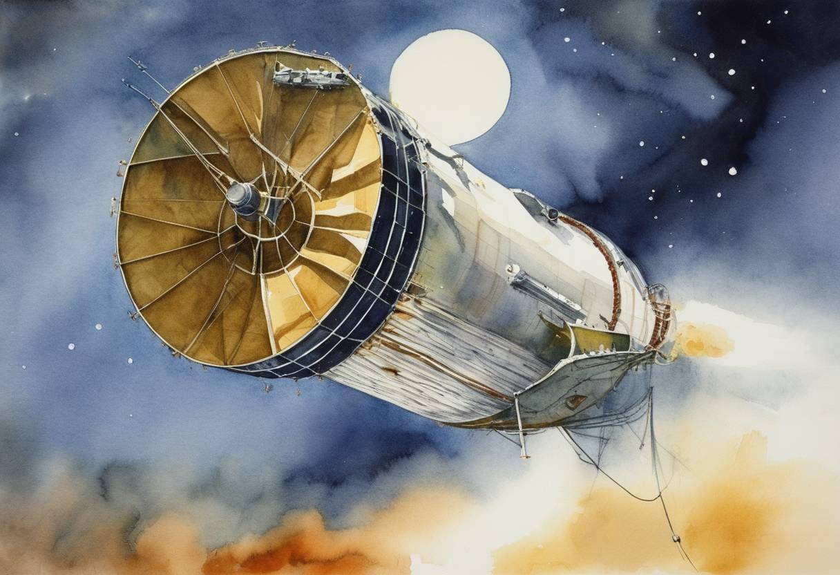 Watercolor painting based depiction of Mariner 5, a NASA spacecraft, is launched towards Venus to conduct atmospheric experiments. (1967)