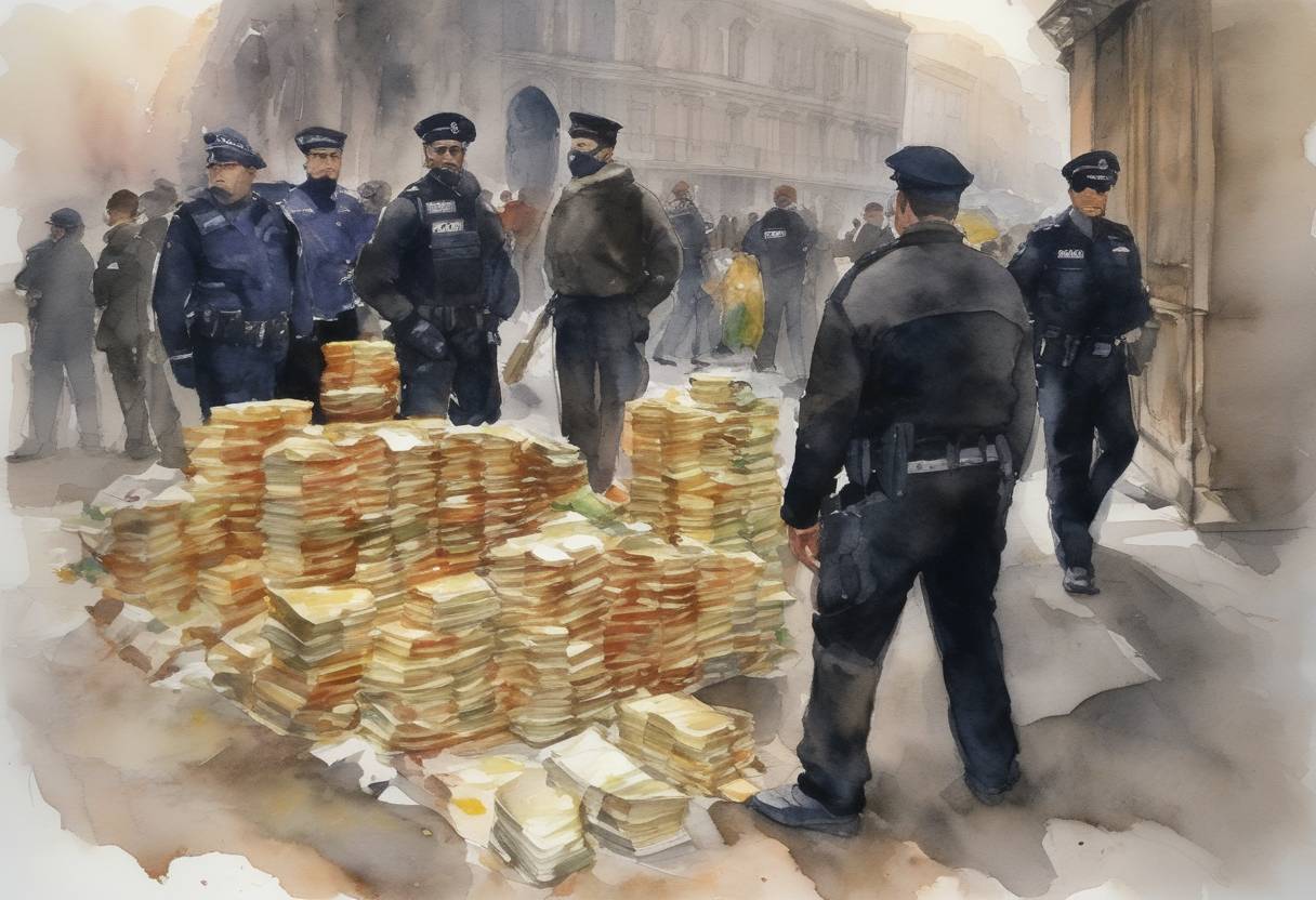 Watercolor painting based depiction of The Italian police arrested 43 people, following an operation to dismantle the global big money 'Ndrangheta organized crime syndicate. (2000)
