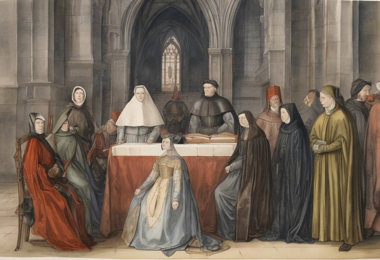 Watercolor painting based depiction of The Bill of Attainder against Elizabeth Barton, known as the Nun of Kent, and her associates was passed by the English Parliament, leading to their execution for treason. (1534)