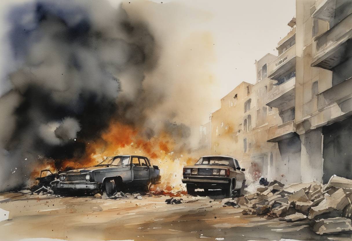 Watercolor painting based depiction of A suicide bombing attack on the United States Embassy in Beirut kills 63 people, marking the beginning of a series of attacks against U.S. targets in the region during the Lebanese Civil War. (1983)