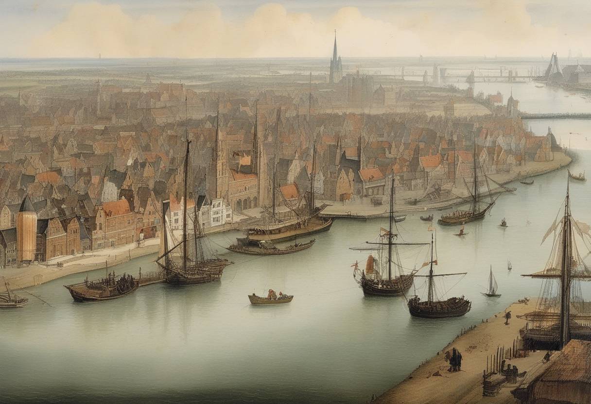 Watercolor painting based depiction of The city of Rotterdam in the County of Holland received its city rights on this date, marking a significant step in its development as a key port city. (1340)