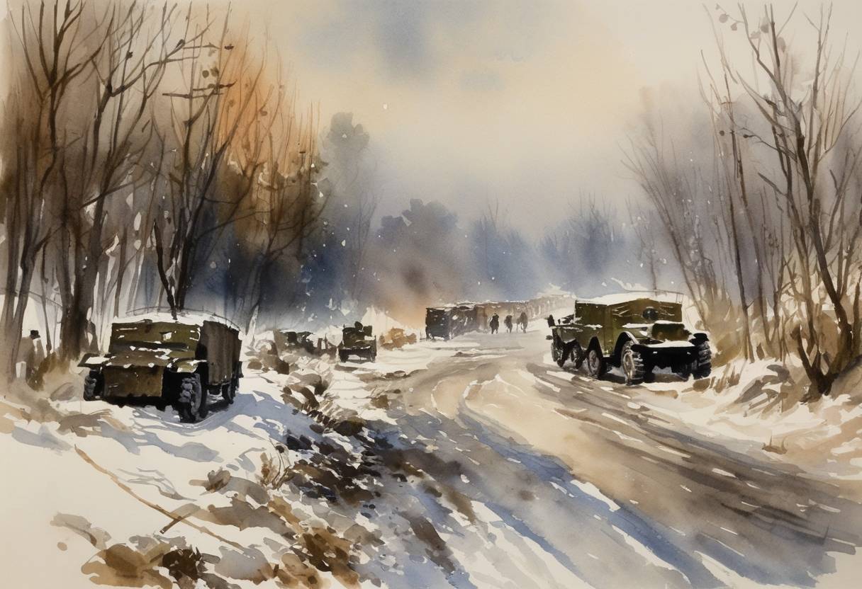 Watercolor painting based depiction of The Soviet Union began the Vistula-Oder Offensive in Eastern Europe against Nazi forces. (1945)