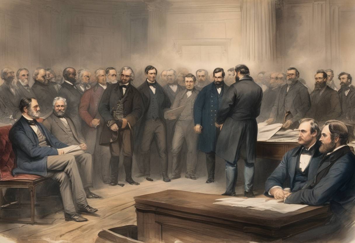 Watercolor painting based depiction of American Civil War: The United States House of Representatives unanimously passed a resolution guaranteeing non-interference with slavery in any state. (1861)