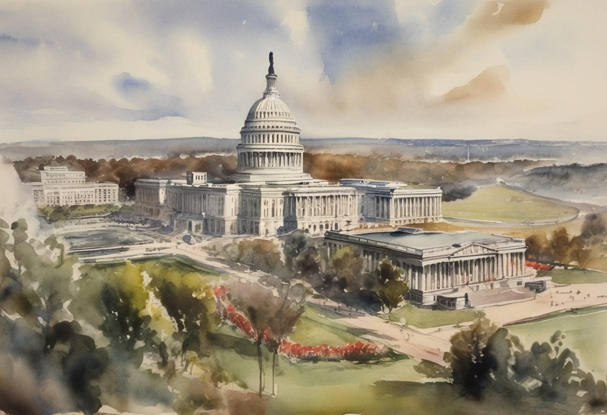 Watercolor painting based depiction of The United States Congress passed the Second War Powers Act, which expanded the power of the federal government during World War II, particularly giving President Franklin D. Roosevelt increased authority to reorganize the executive branch, grow the federal budget, and coordinate government resources to support the wartime economy. (1942)