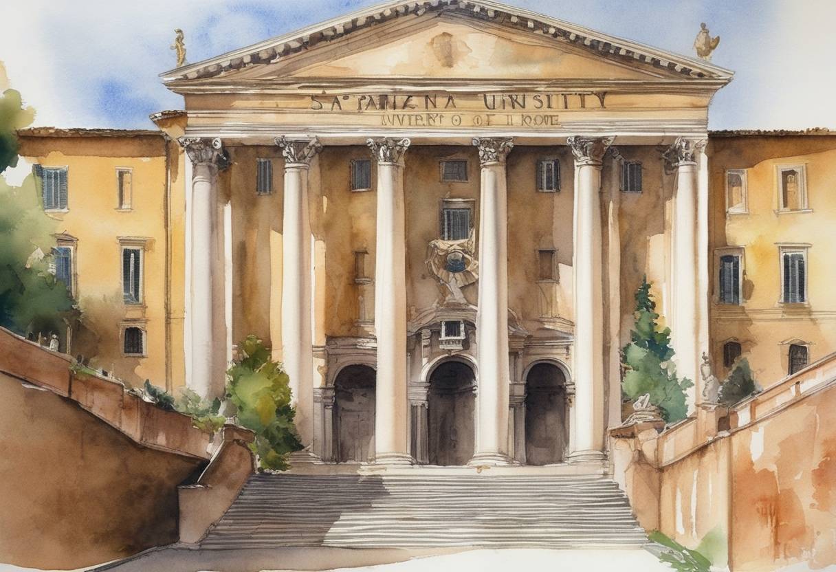 Watercolor painting based depiction of The Sapienza University of Rome was founded by Pope Boniface VIII, becoming one of the world's oldest and most prestigious educational institutions. (1303)