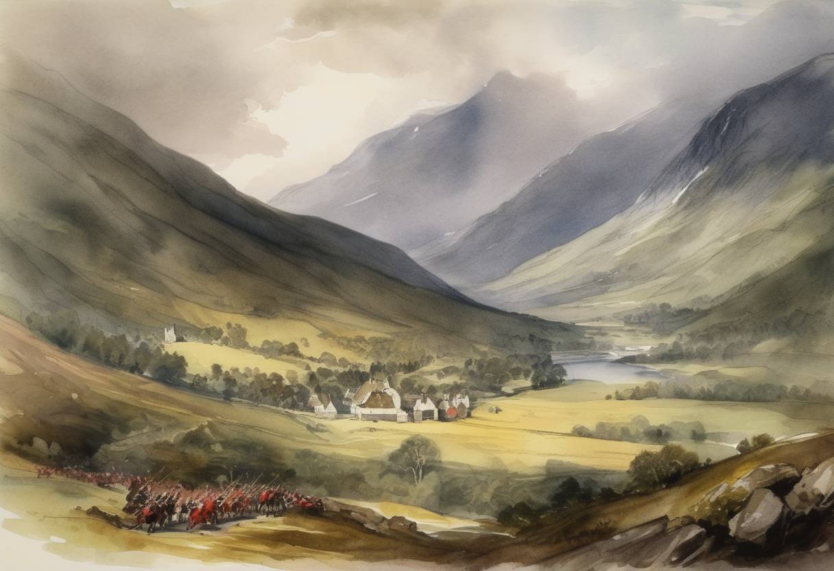 Watercolor painting based depiction of The Massacre of Glencoe took place in Scotland, where 38 members of the Clan MacDonald of Glencoe were killed by government forces for failing to pledge allegiance to the new monarchs, William III of England and Mary II. (1699)