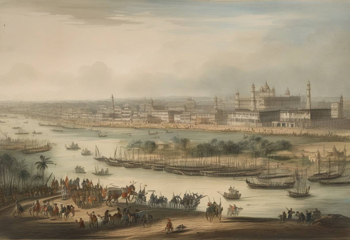 Watercolor painting based depiction of The British army captures the city of Calcutta in India from the Nawab of Bengal after the recapture following the Siege of Calcutta. (1757)