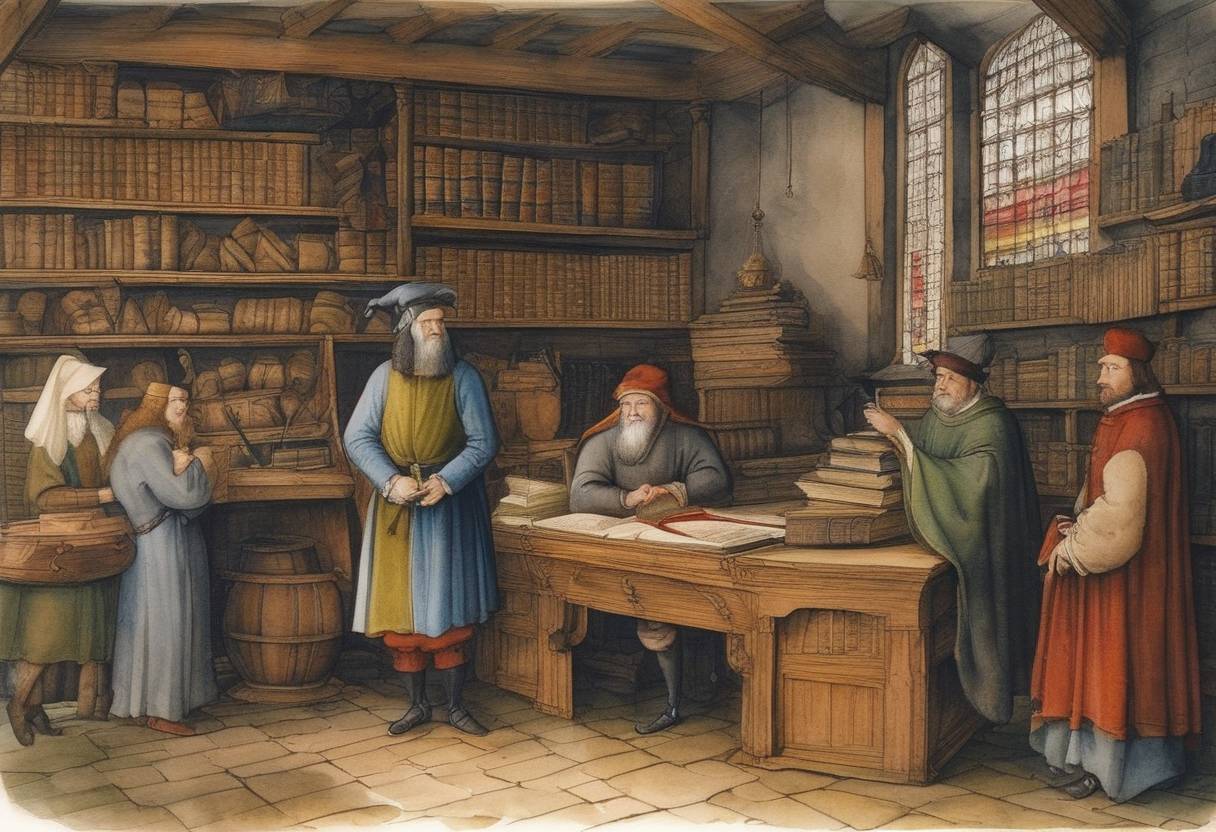 Watercolor painting based depiction of William Caxton, an English merchant and diplomat, established the first book printed in English, "Dictes or Sayengis of the Philosophres," in his shop in Westminster, thus marking the start of printing in England. (1477)