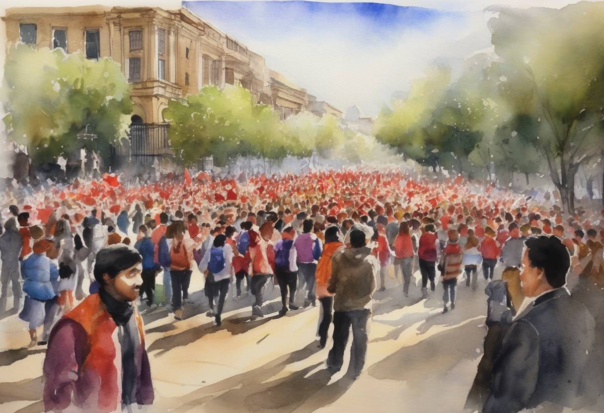 Watercolor painting based depiction of Sebastián Piñera's Chilean government implemented education reform plans amidst widespread student protests demanding comprehensive education system changes. (2011)