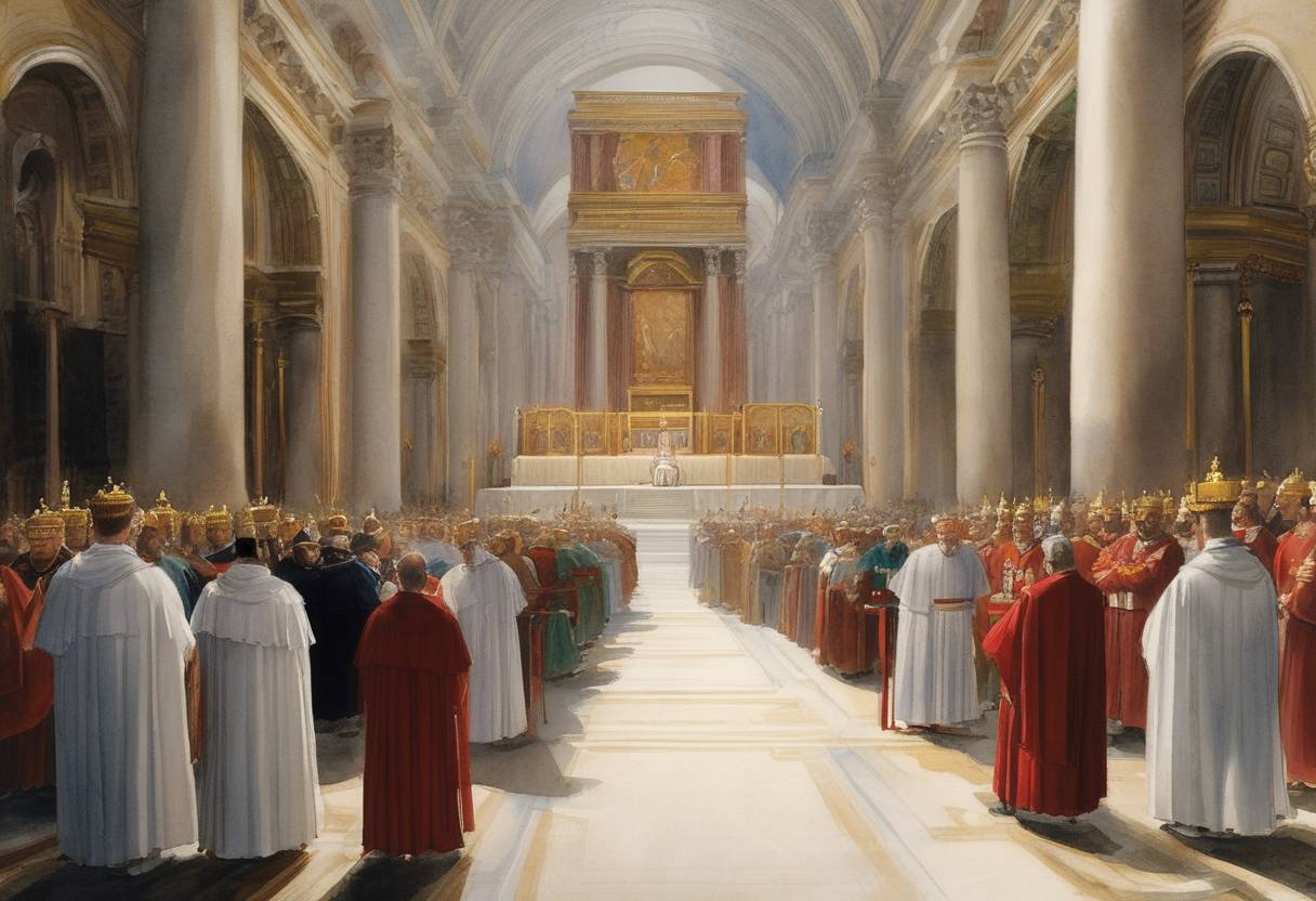 Watercolor painting based depiction of The Second Lateran Council opened by Pope Innocent II addressed issues within the Church, including the reaffirmation of clerical celibacy and the condemnation of usury. (1139)