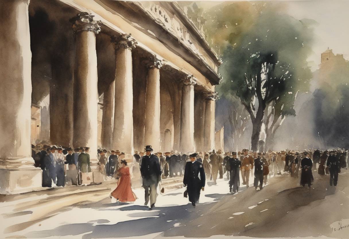 Watercolor painting based depiction of Italians voted in a referendum to abolish the monarchy in favor of establishing a republic, leading to King Umberto II's exile. (1946)