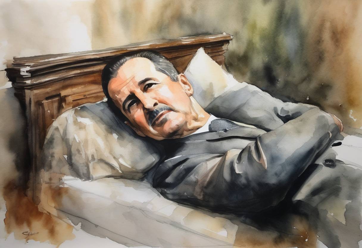 Watercolor painting based depiction of Syrian President Hafez al-Assad dies of a heart attack after three decades in power, leading to significant political changes in Syria. (2000)