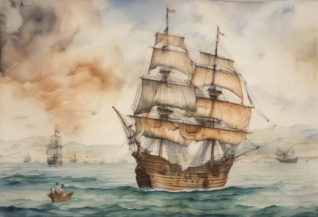 Watercolor painting based depiction of Sir Francis Drake completes his circumnavigation of the globe, becoming the first Englishman to do so. (1580)