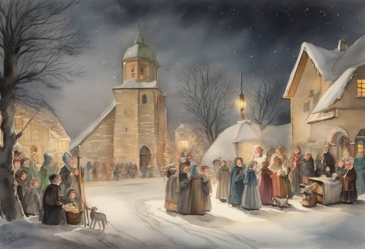 Watercolor painting based depiction of The Christmas carol "Silent Night" was performed for the first time at St. Nicholas parish church in Oberndorf, Austria. (1818)