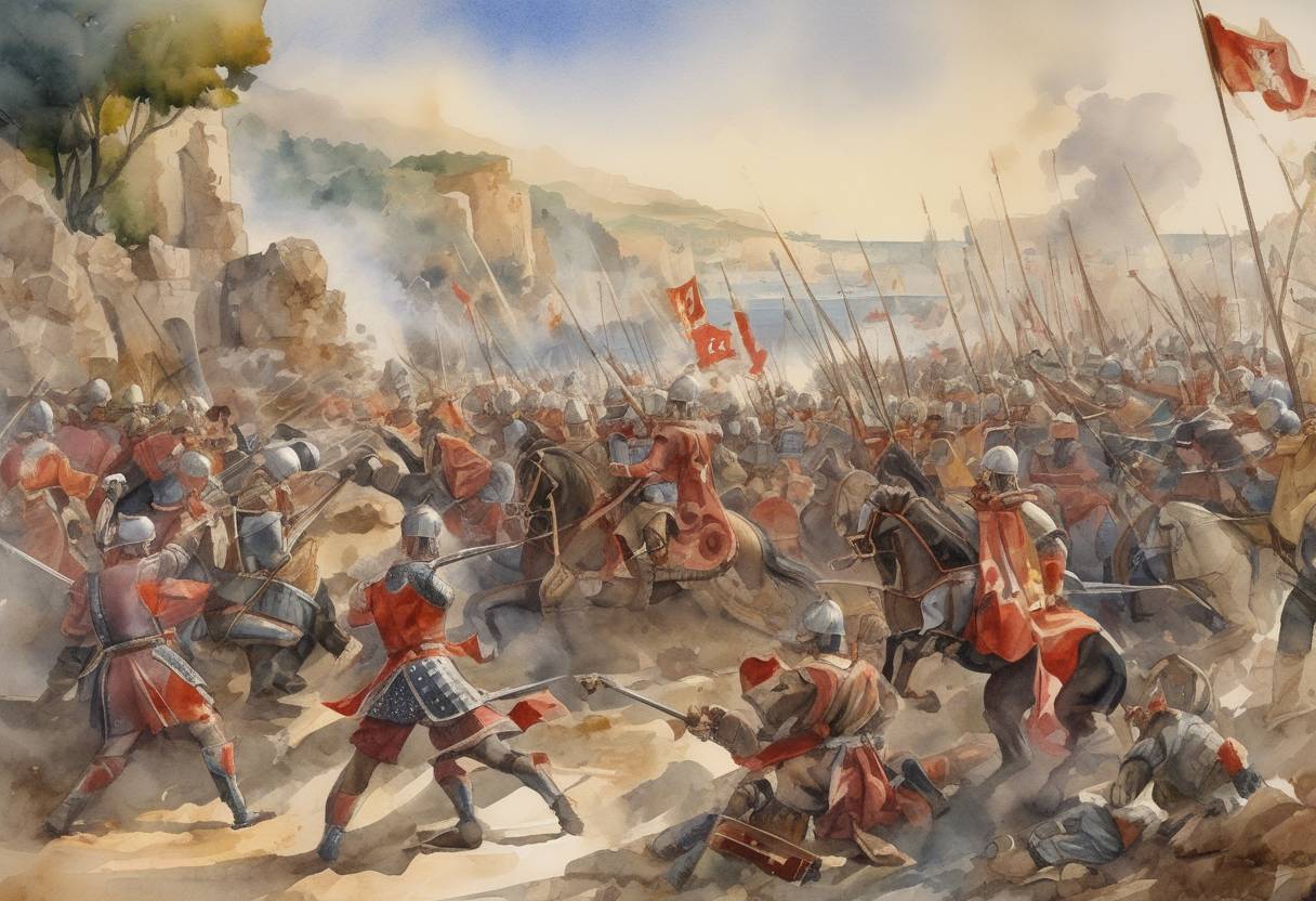 Watercolor painting based depiction of The Battle of Capo Colonna occurred, where the forces of the Holy Roman Empire, led by Emperor Otto II, were defeated by the Muslim forces of the Emirate of Sicily. (982)