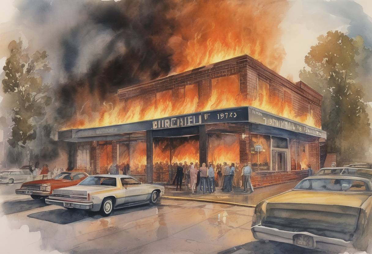 Watercolor painting based depiction of The Beverly Hills Supper Club fire in Southgate, Kentucky, kills 165 people. It is one of the deadliest nightclub fires in U.S. history. (1977)