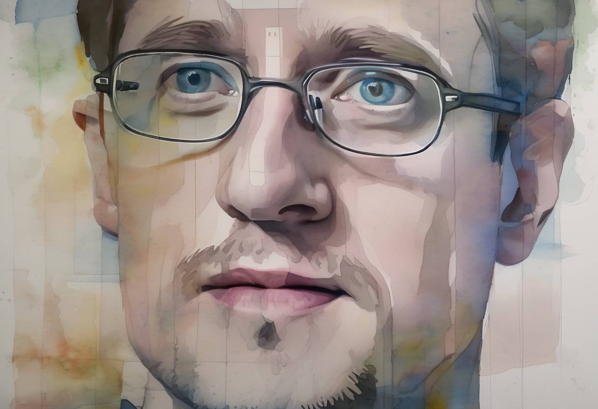 Watercolor painting based depiction of The United States government charges Edward Snowden with espionage and theft of government property after he leaked classified information from the National Security Agency (NSA) revealing global surveillance programs. (2013)