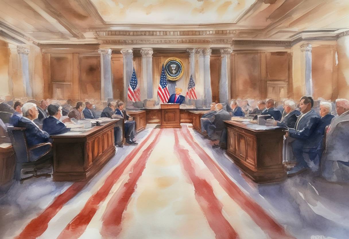 Watercolor painting based depiction of The United States House of Representatives voted to limit President Donald Trump's ability to take military action against Iran without congressional approval. (2019)