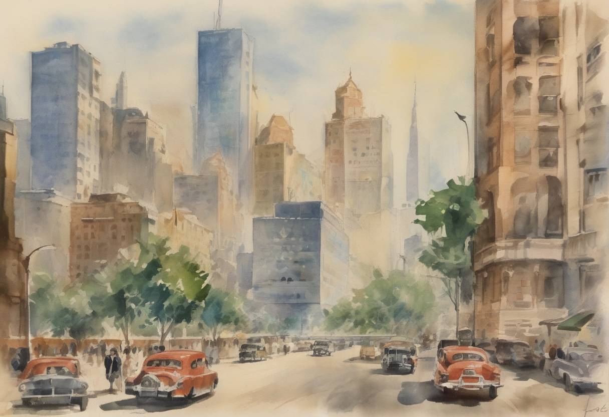 Watercolor painting based depiction of The United Nations General Assembly approved a plan for the partition of Palestine, leading to the creation of the State of Israel. (1947)