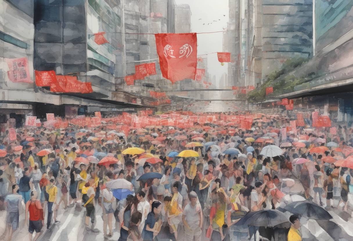 Watercolor painting based depiction of Massive protests took place in Hong Kong against a proposed extradition bill that would allow extraditions to mainland China, marking the beginning of a series of large-scale demonstrations advocating for democratic reforms. (2019)