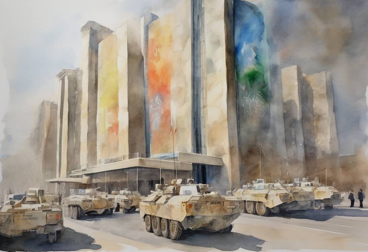 Watercolor painting based depiction of The United Nations Security Council voted to lift sanctions on Iraq, which had been in place since the Gulf War, as a recognition of the country's progress in rebuilding and stabilizing. (2010)