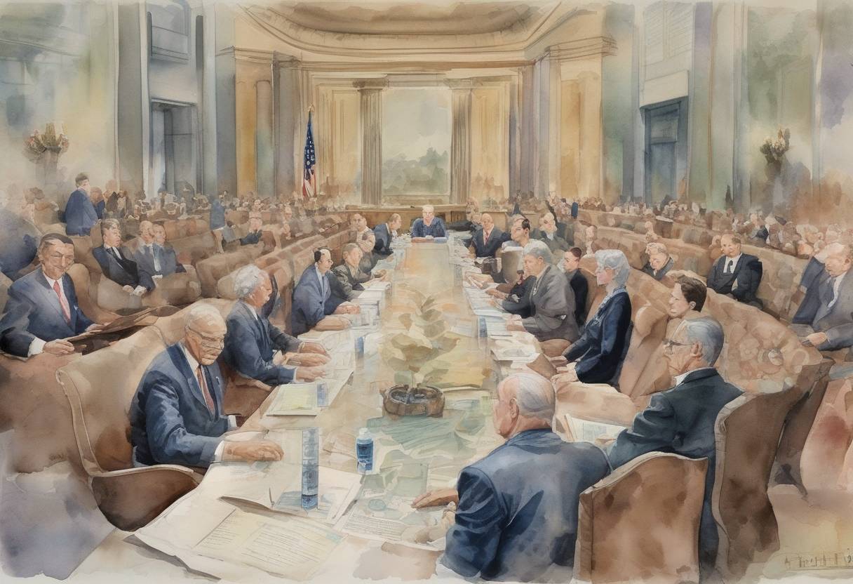 Watercolor painting based depiction of The International Monetary Fund (IMF) was formally established with the signing of the Articles of Agreement by 29 member countries. (1945)