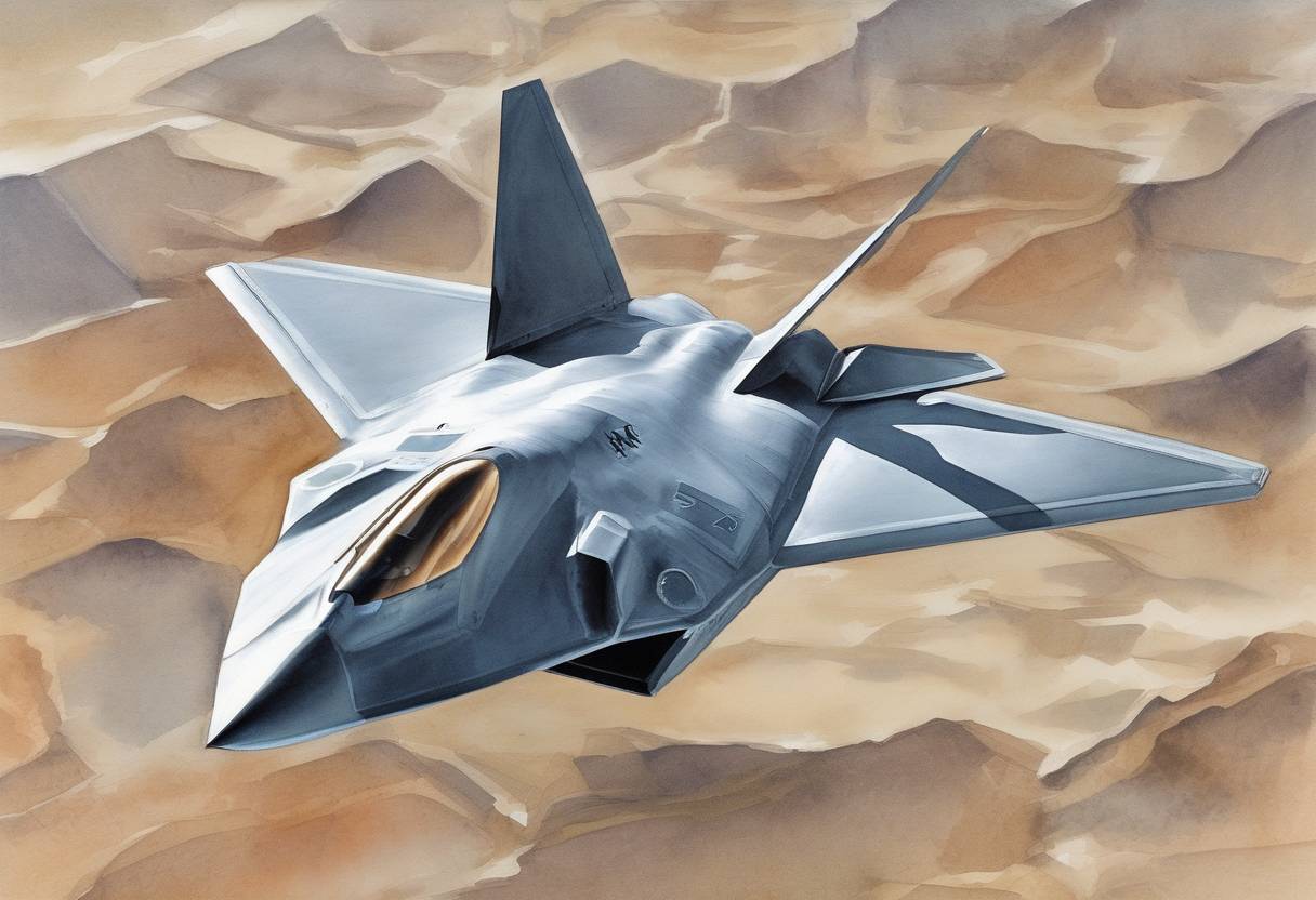 Watercolor painting based depiction of The YF-22, which would later become the F-22 Raptor, made its first flight. This advanced tactical fighter aircraft was developed by Lockheed Martin and became a key component of the United States Air Force. (1990)