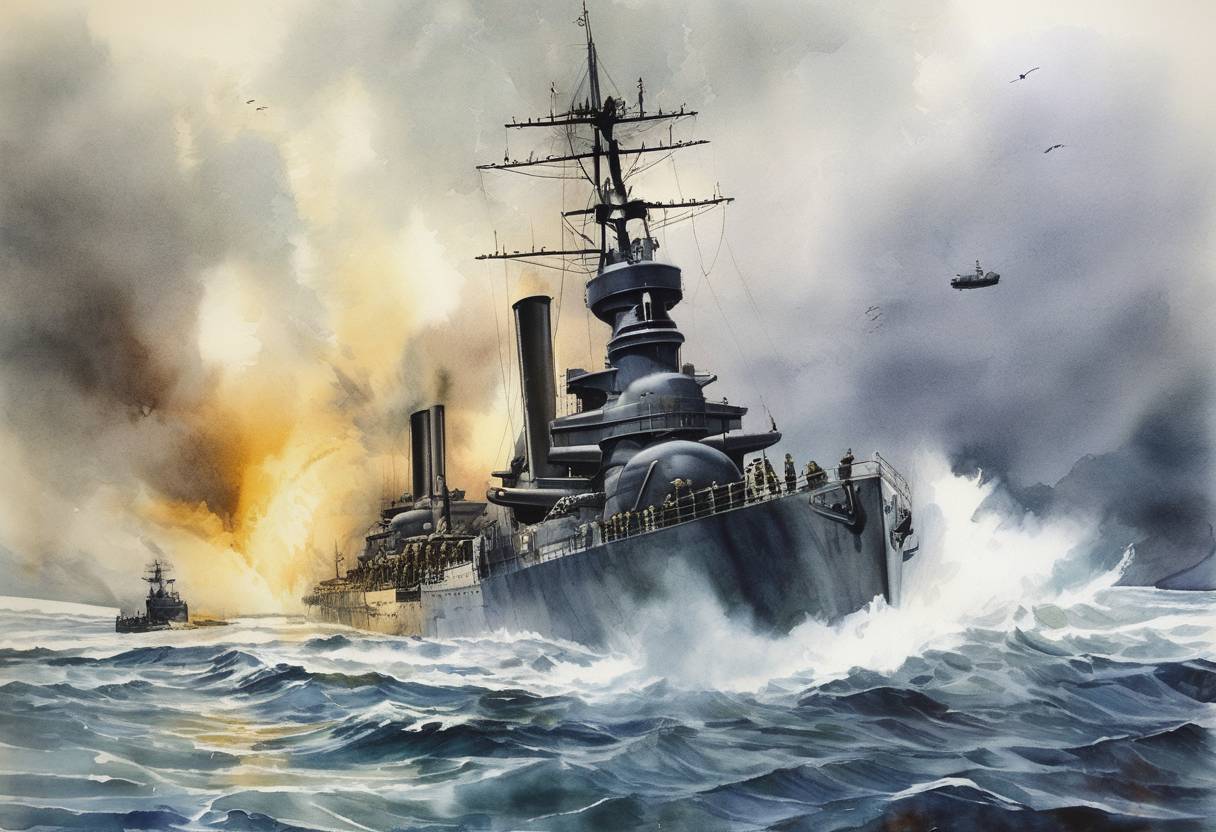 Watercolor painting based depiction of The USS Reuben James is sunk by a German U-boat, becoming the first U.S. Navy ship sunk by enemy action in World War II. (1941)
