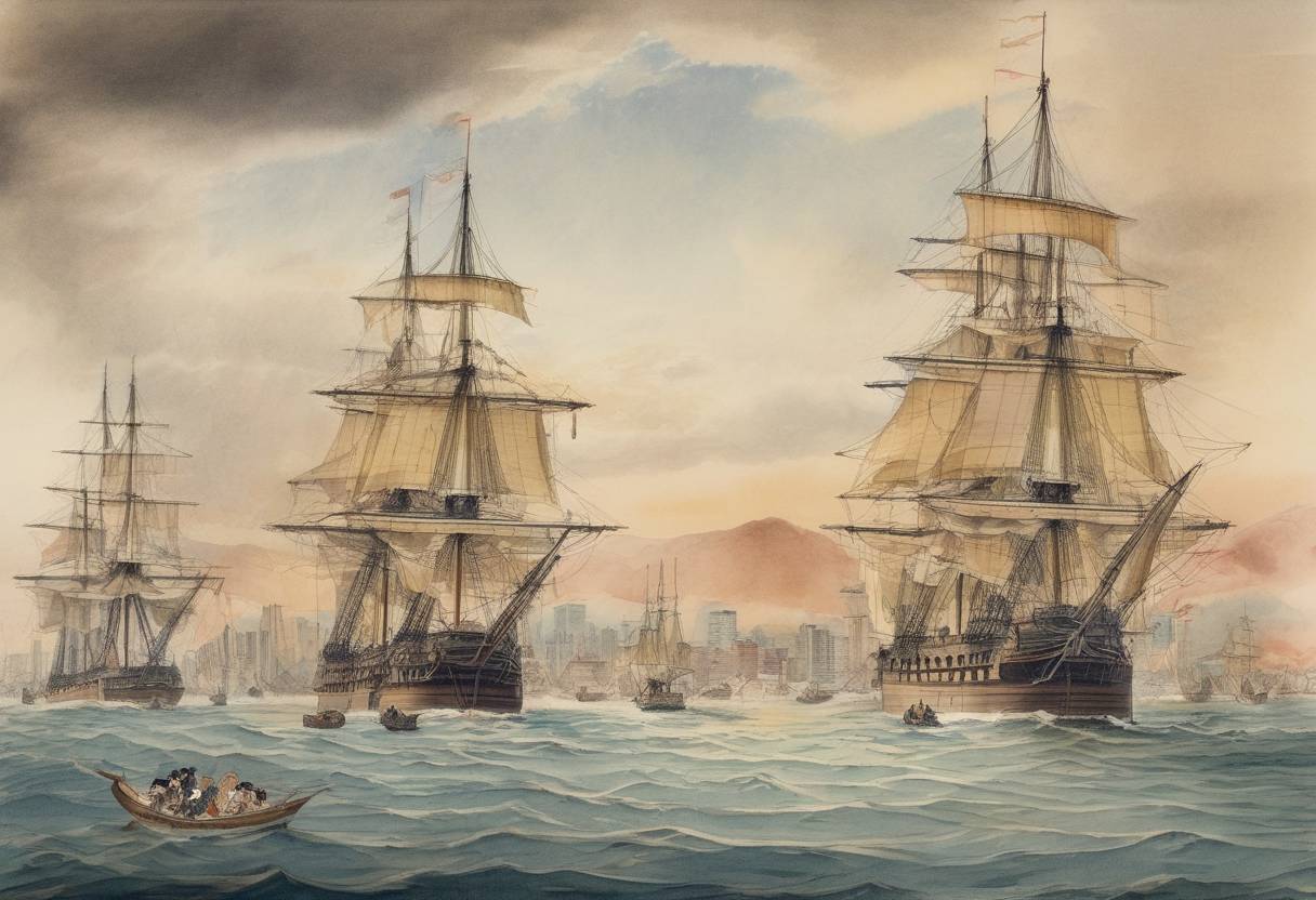 Watercolor painting based depiction of Commodore Matthew Perry sails into Tokyo Bay, Japan, with a squadron of four ships, seeking to re-establish trade between Japan and the Western world after over 200 years of Japanese isolation. (1853)