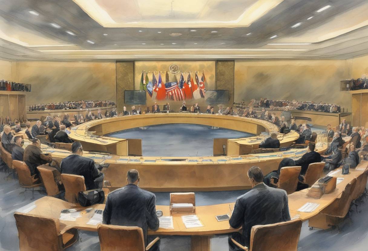Watercolor painting based depiction of The United Nations Security Council unanimously adopted Resolution 1718, imposing sanctions on North Korea following its nuclear test on October 9, 2006. (2006)