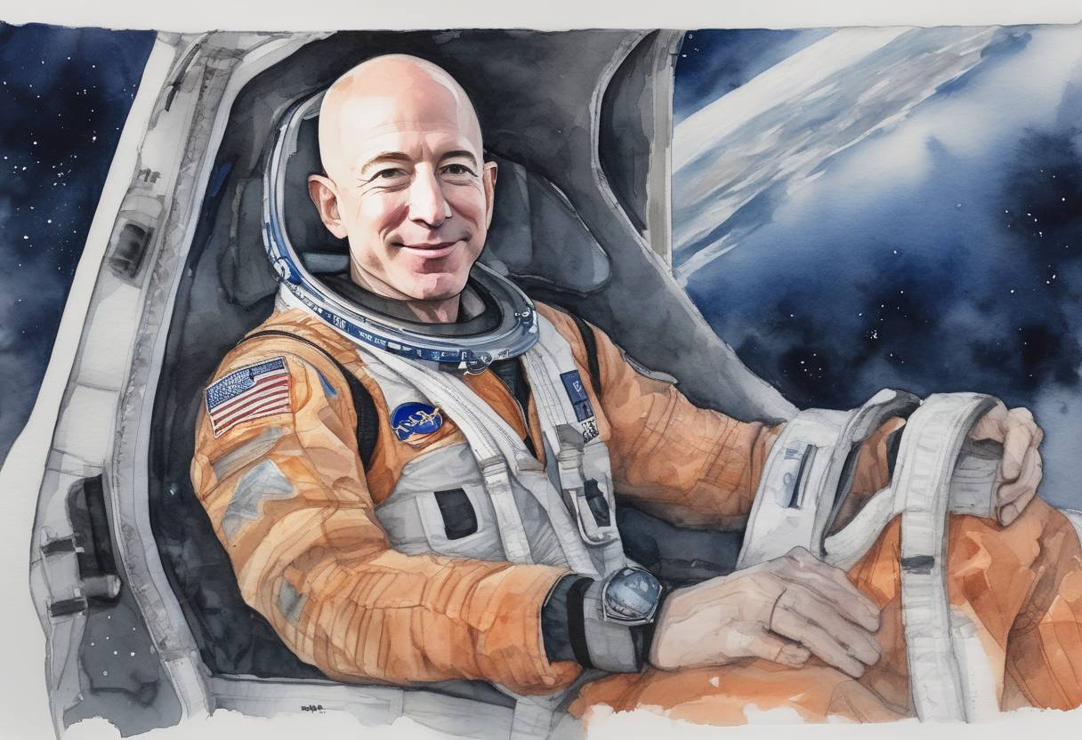 Watercolor painting based depiction of Jeff Bezos, founder of Amazon, successfully flew to space aboard Blue Origin's New Shepard rocket, marking a significant moment in commercial space travel. (2021)