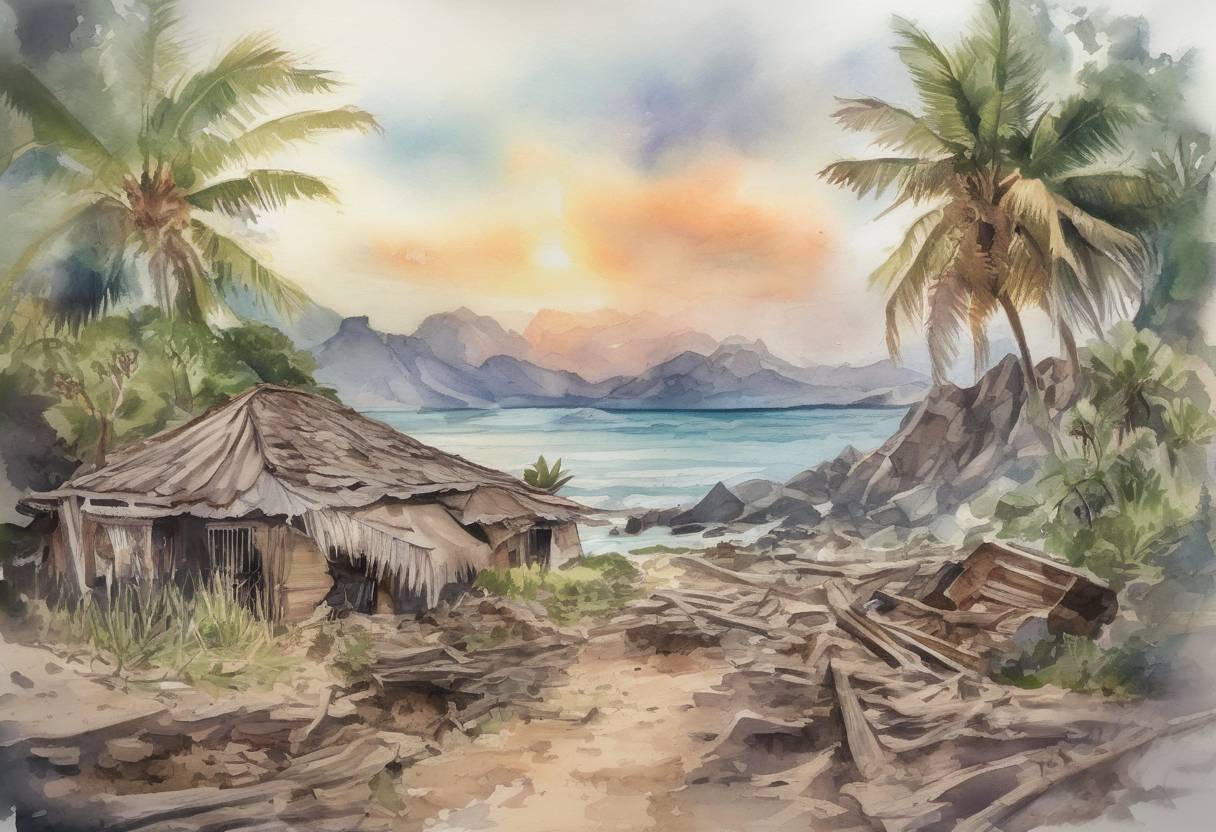 Watercolor painting based depiction of A 5.9 magnitude earthquake struck the island of Lombok in Indonesia, part of a series of quakes that caused widespread damage and loss of life. (2018)