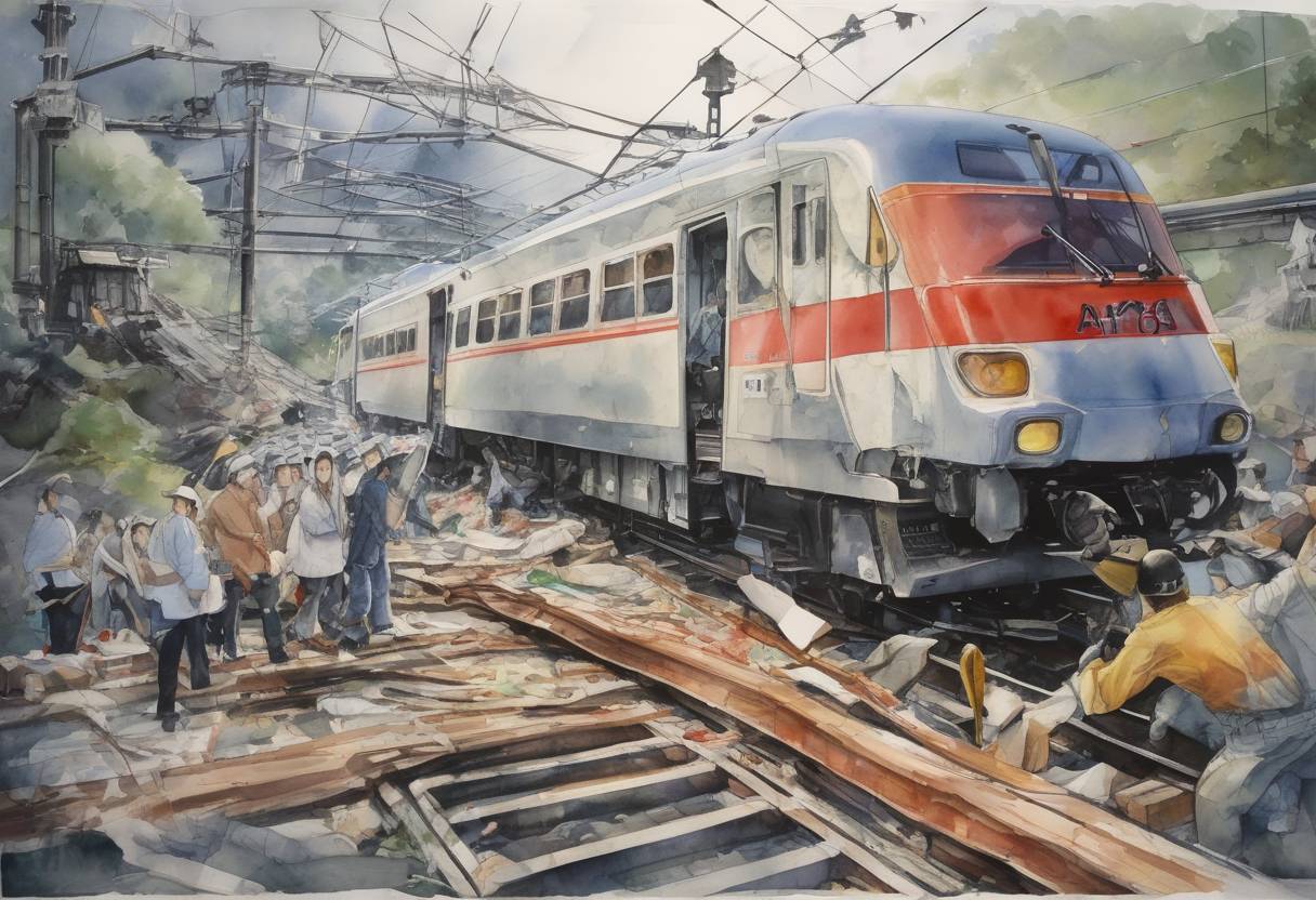 Watercolor painting based depiction of A commuter train collision occurred at the Aioi Station in Hyogo Prefecture, Japan, resulting in 42 deaths and over 600 injuries. It was one of the deadliest train accidents in Japan's history. (1995)