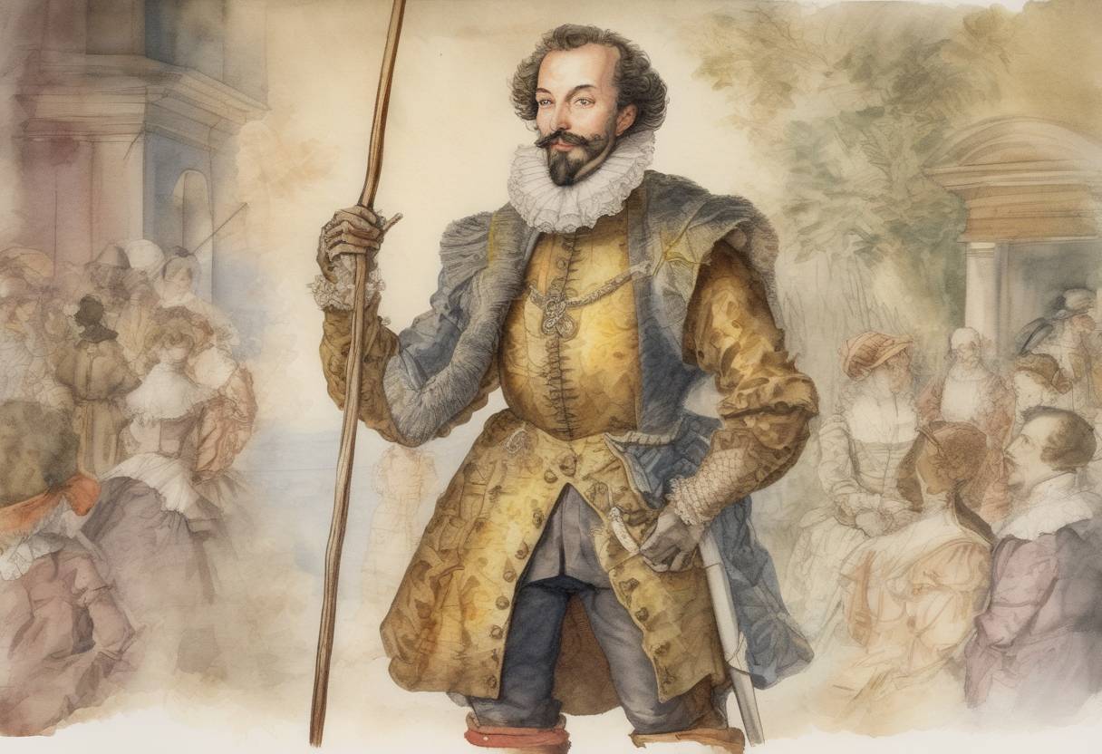 Watercolor painting based depiction of Sir Walter Raleigh, an English adventurer and writer, was executed in London for treason against King James I. (1618)