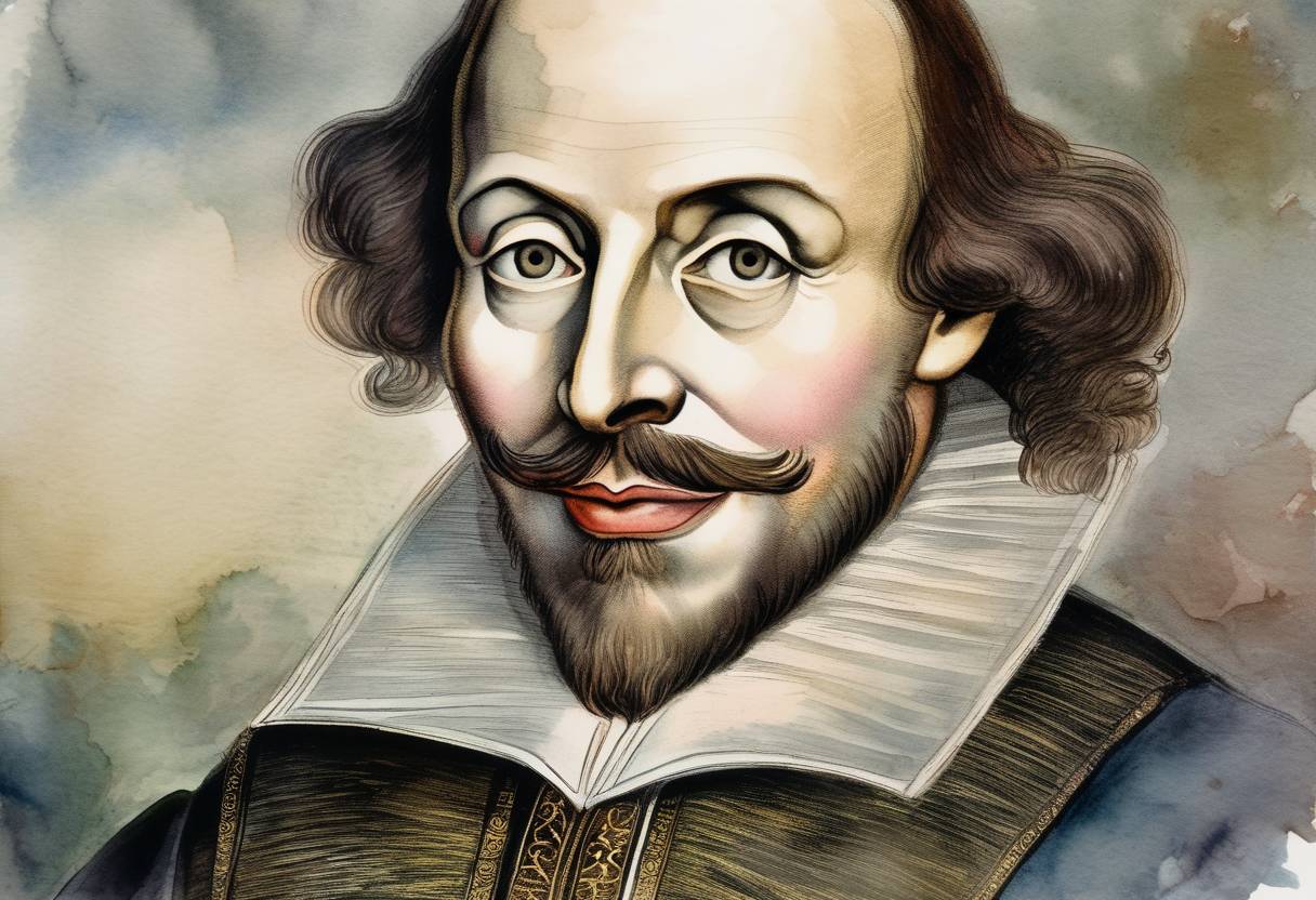 Watercolor painting based depiction of William Shakespeare, the famous English playwright, died on this date, which is also believed to be his birthday. (1616)