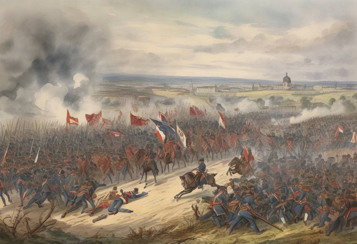Watercolor painting based depiction of The Battle of Sedan took place during the Franco-Prussian War, resulting in a decisive Prussian victory and the capture of French Emperor Napoleon III. (1870)