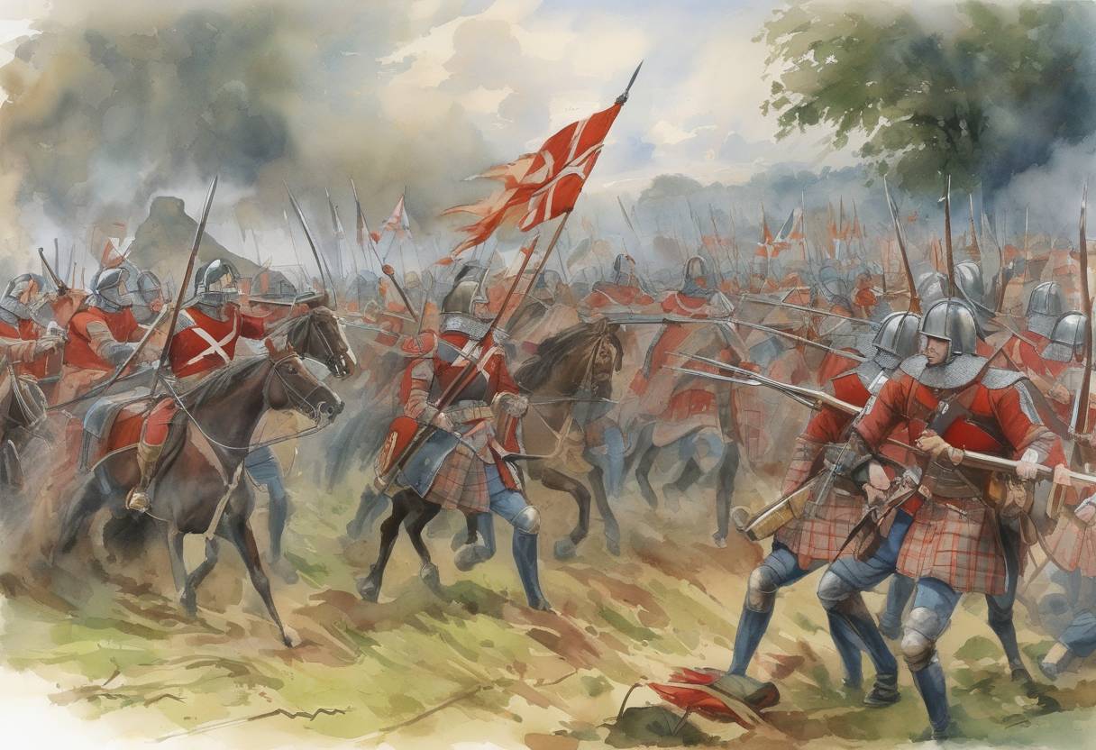 Watercolor painting based depiction of The Battle of the Standard took place near Northallerton in Yorkshire, England, during the civil war known as The Anarchy. English forces led by William of Aumale defeated the Scottish army under King David I of Scotland. (1138)