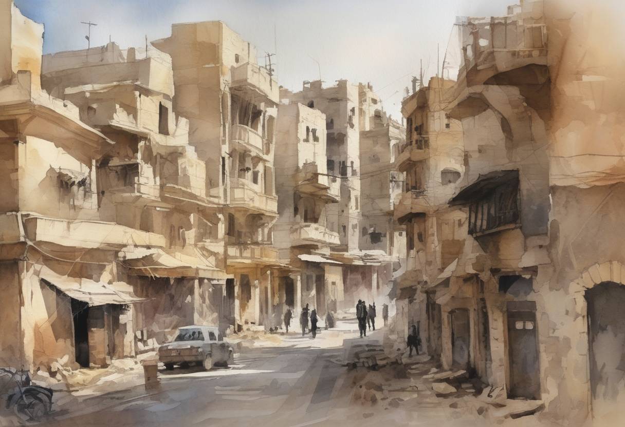 Watercolor painting based depiction of The city of Raqqa, Syria, was declared liberated from ISIS control by the Syrian Democratic Forces, marking a significant milestone in the fight against the Islamic State in Syria. (2017)