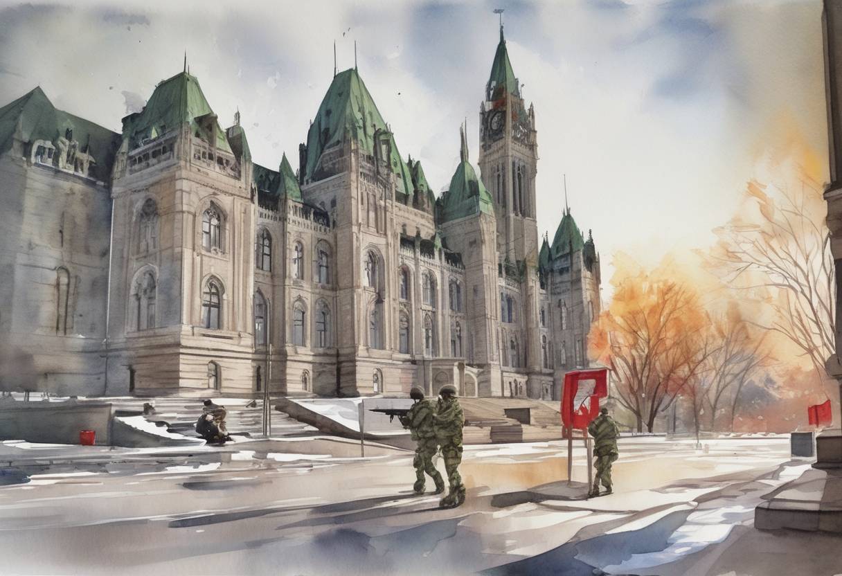 Watercolor painting based depiction of A gunman attacked the Canadian Parliament in Ottawa, killing a soldier at the National War Memorial before being shot by security forces inside the Parliament building. (2014)