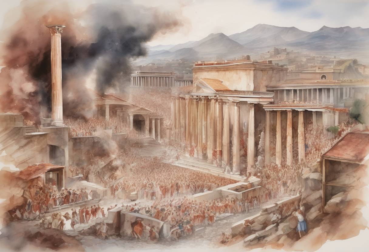 Watercolor painting based depiction of The eruption of Mount Vesuvius begins, leading to the destruction of the Roman cities of Pompeii, Herculaneum, and several other settlements. (79)
